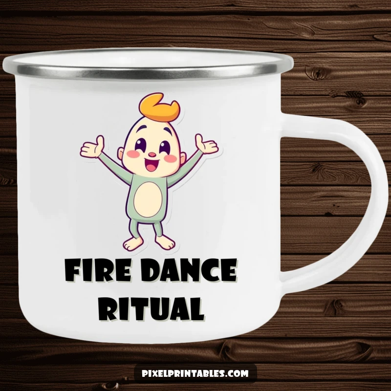 Funny Camping Mug: Cheerful character in a goofy dance, embodying fun and humor, perfect for camping trips and as a funny gift.
