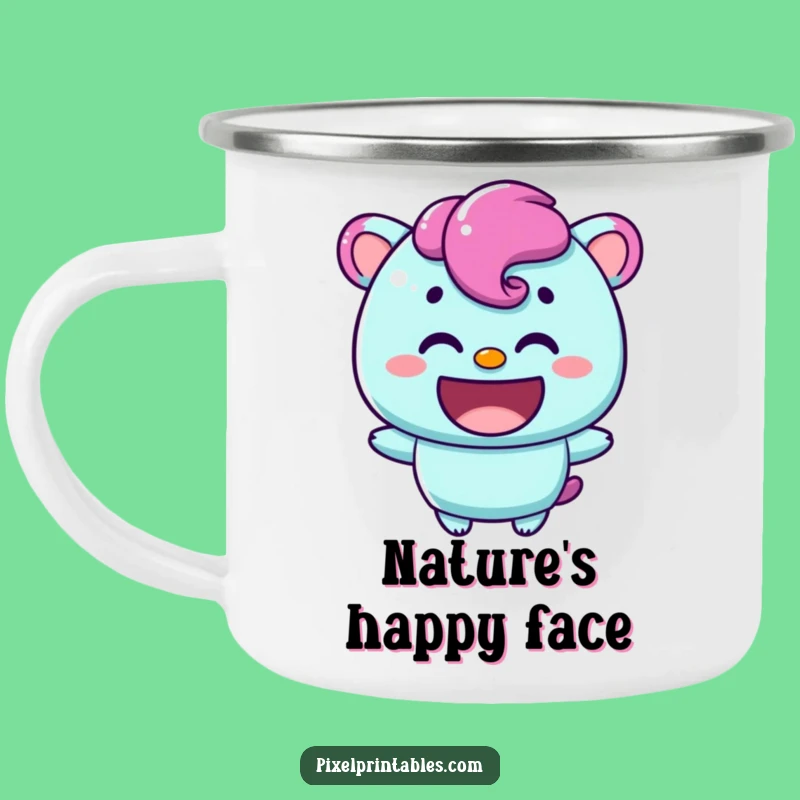 Funny Content Pixel Character Camping Mug: Warm Smile Cup