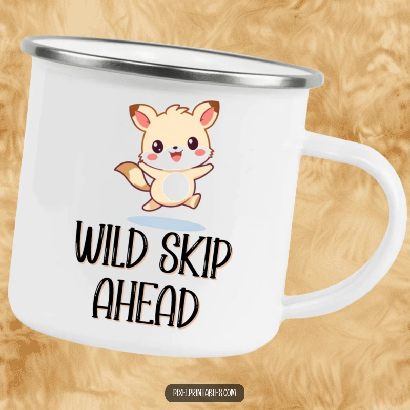 Funny camping mug with a cute pixelated animal character skipping with joy, perfect for retro outdoor enjoyment.