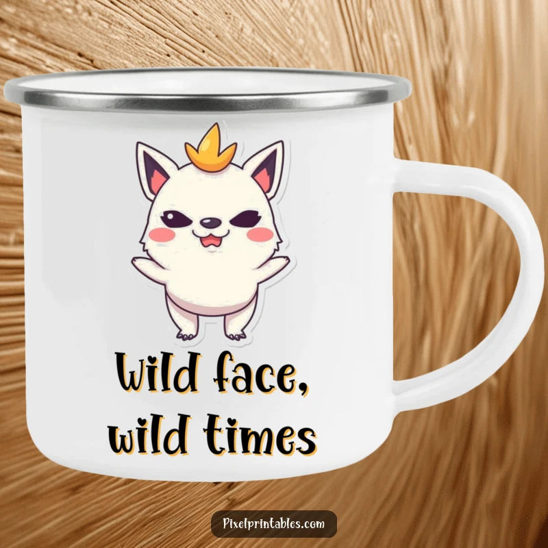 Funny camping mug featuring a mischievous pixelated creature making a funny face, great for outdoor use and humor.