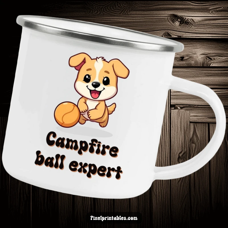 Funny camping mug with a cheerful, pixelated dog character chasing a bouncing ball, perfect for outdoor fun.