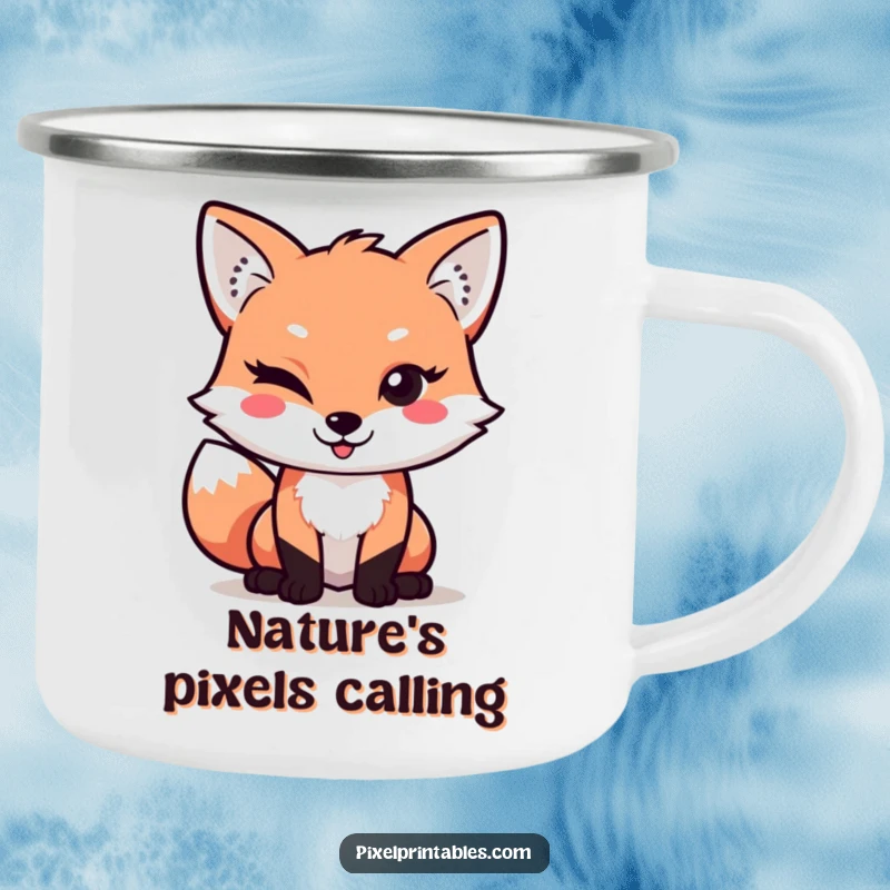 Funny Pixel Fox Camping Mug: Mischievous pixelated fox winks playfully, ideal for outdoor adventures with retro gamer humor.