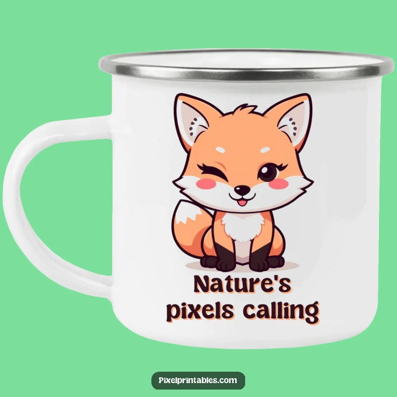 Funny Pixel Fox Camping Mug: Retro Adventures with a Winking Character, Great Funny Gift