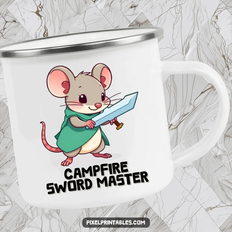 Funny metal camping mug showing a curious mouse crafting a pixel sword, for the adventurer.