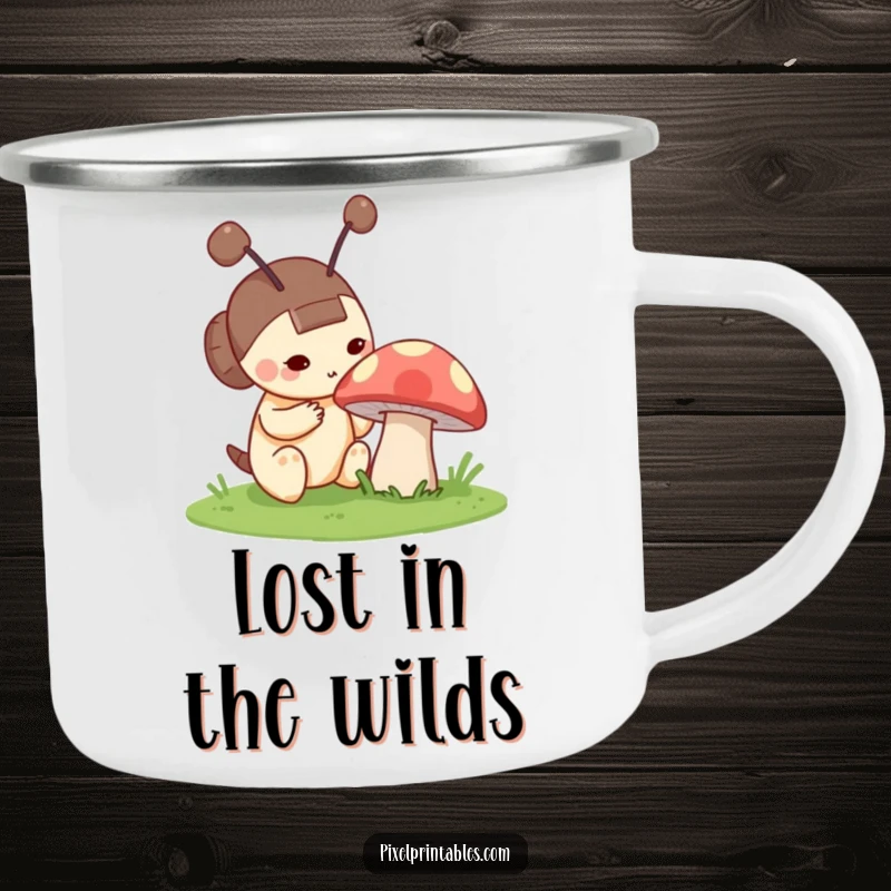 Funny camping mug featuring a curious pixel character with blocky antennae examining a pixelated mushroom, designed for outdoor enthusiasts.