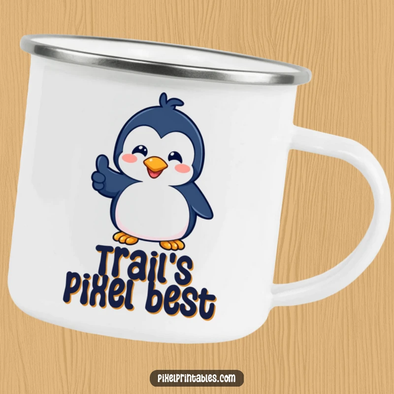 Funny camping mug featuring a playful pixelated penguin giving a pixelated thumbs up, perfect for retro-themed outdoor enjoyment.