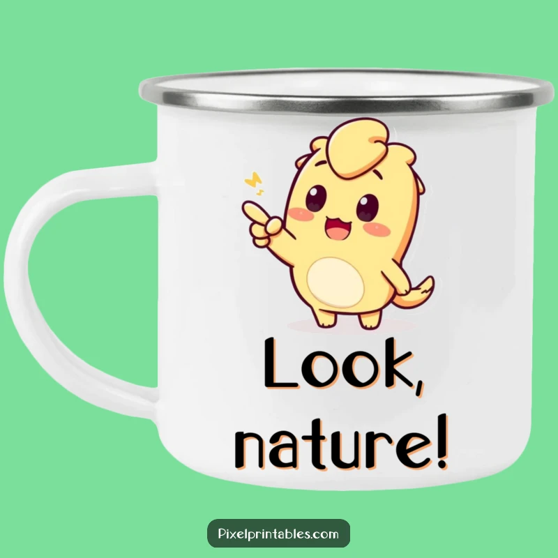 Enjoy your outdoor brews with this funny camping mug! The pixelated character pointing adds curiosity and enthusiasm to your adventures. Durable and intriguing.