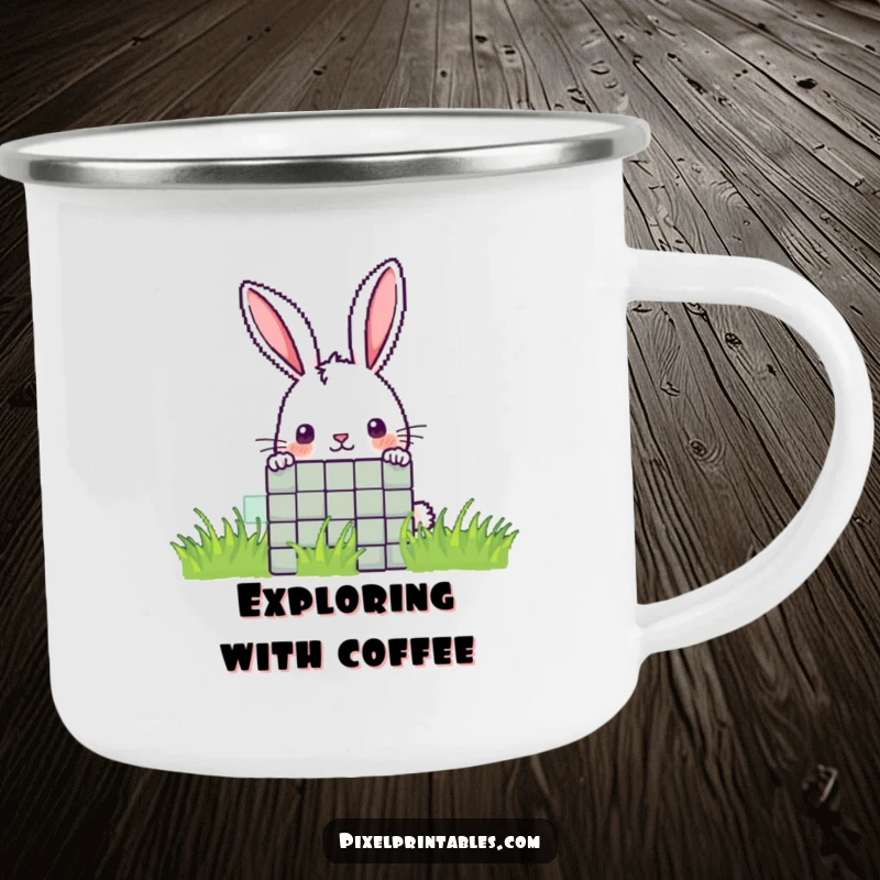 Funny pixel rabbit camping mug with a curious pixelated rabbit peeking from behind a pixel, for outdoor curiosity.