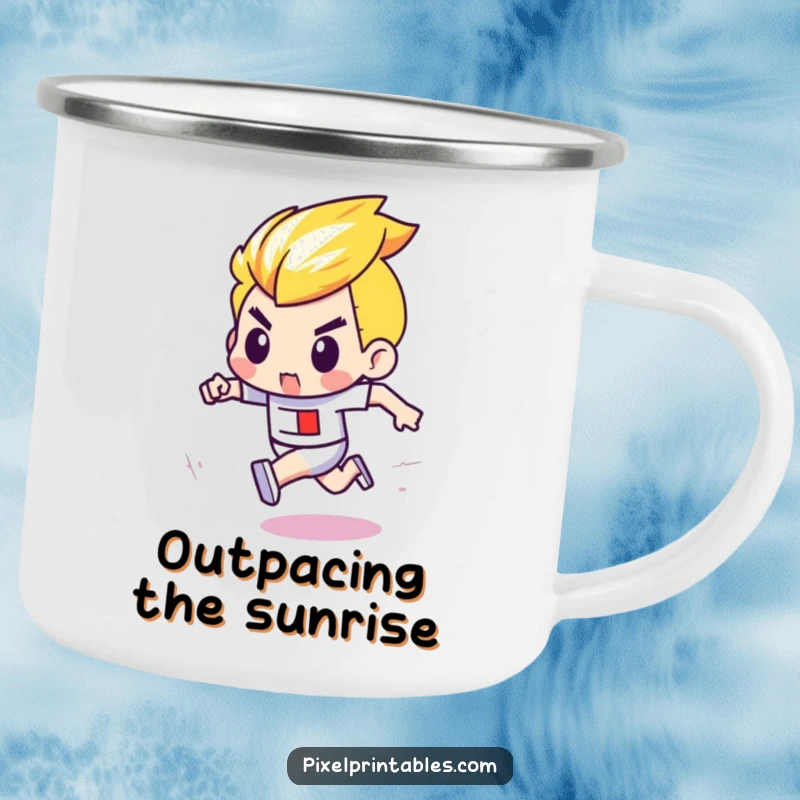 Funny camping mug with a determined pixel character with bold outlines in a pixel race, built for rugged adventures.