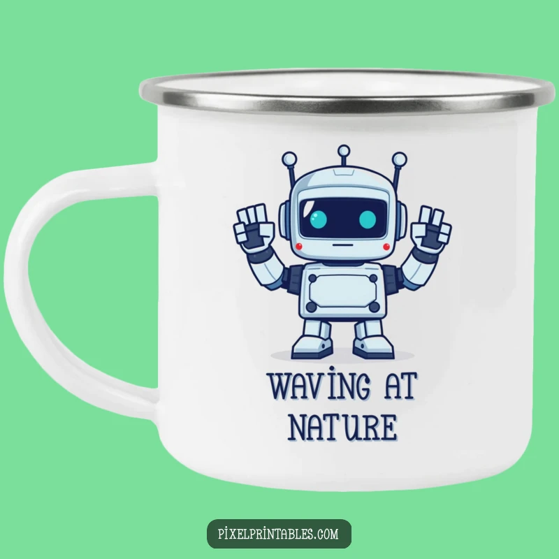 Funny Pixel Robot Waving Camping Mug - Retro Adventure Greeting Gift!