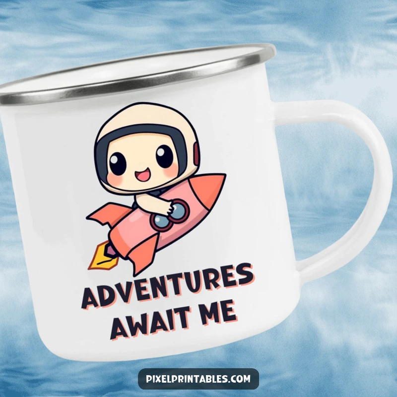 Funny camping mug with a happy pixel character composed of geometric forms riding a pixelated rocket, designed for adventurers.