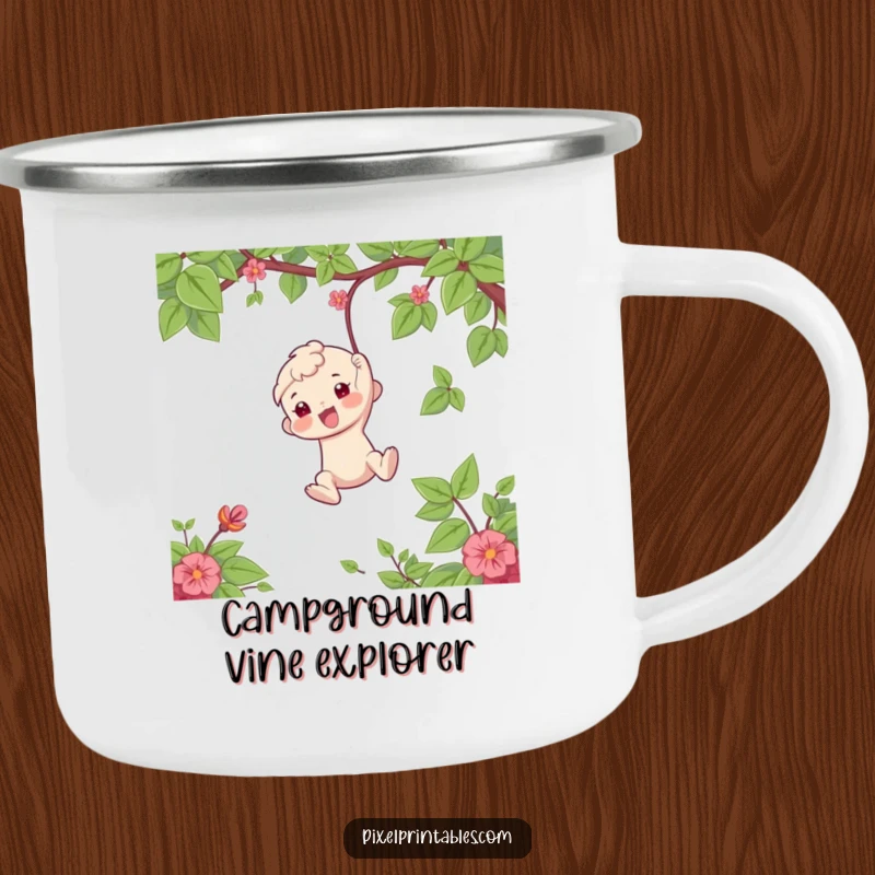 Funny Camping Mug: Playful character swinging from a vine, evoking adventure and humor, perfect for camping trips and as a funny gift.