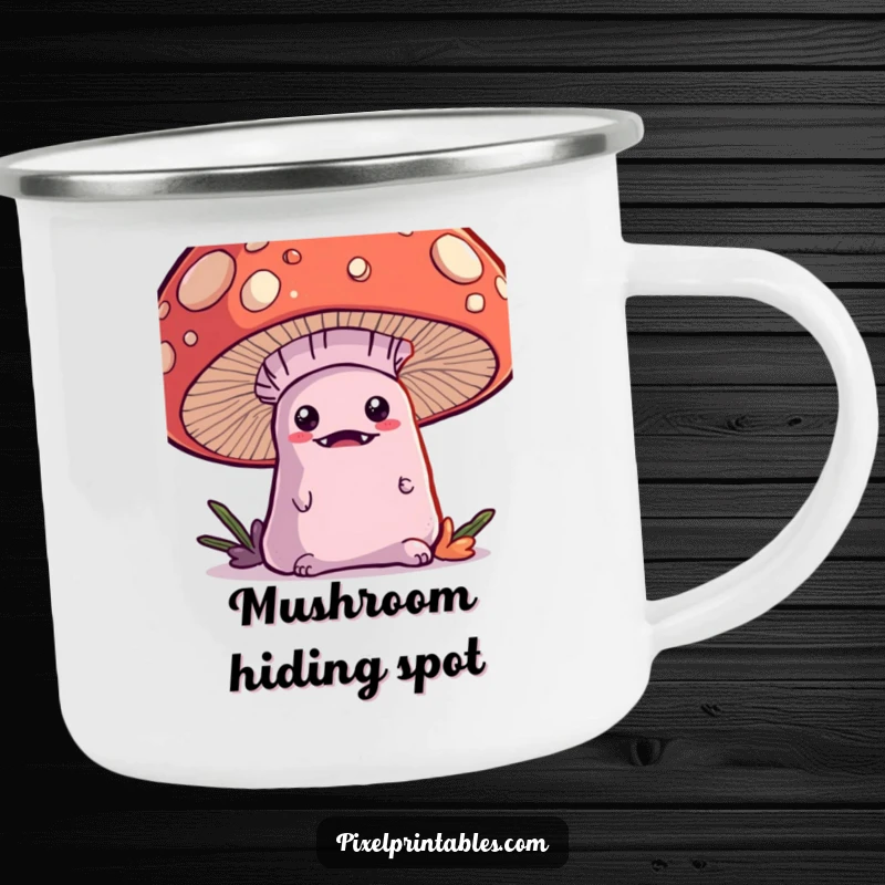 Funny Kawaii Monster Camping Mug, a cute monster peeking from behind a pixel mushroom, for outdoor fun.