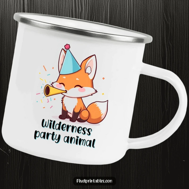 Funny Camping Mug: A cute fox wearing a party hat blows a confetti horn, designed for outdoor celebrations.