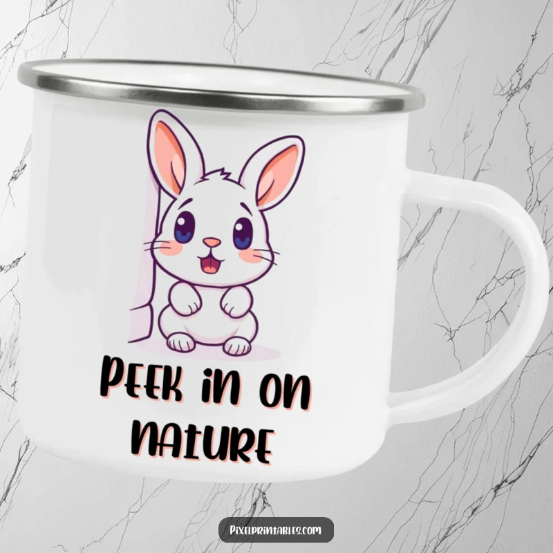 Funny pixelated rabbit peeking around a corner, surprised expression, retro pixel art camping mug, durable outdoor gear.