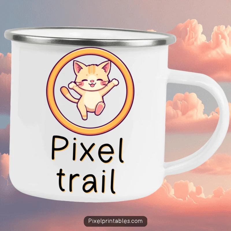 Funny camping mug featuring a pixelated cat leaping through a hoop, ideal for retro gamers who enjoy the outdoors.
