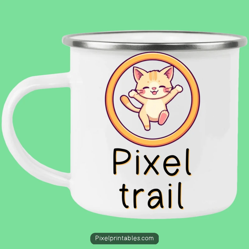 Funny Pixel Cat Hoop Camping Mug - Retro Gaming Adventure
