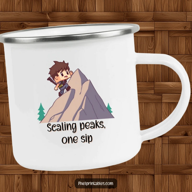 Funny camping mug featuring a blocky pixel adventurer character climbing a pixel mountain, perfect for outdoor adventures and funny sips.