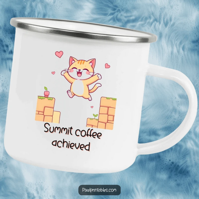 Funny camping mug showing a cheerful cat leaping between pixelated platforms, designed for outdoor gaming enthusiasts.