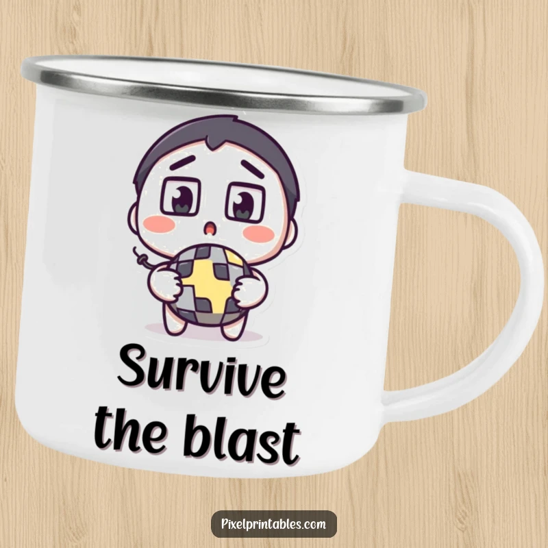 Funny pixel bomb camping mug depicting a surprised character with square eyes wide, holding a pixelated bomb, suitable for outdoors.