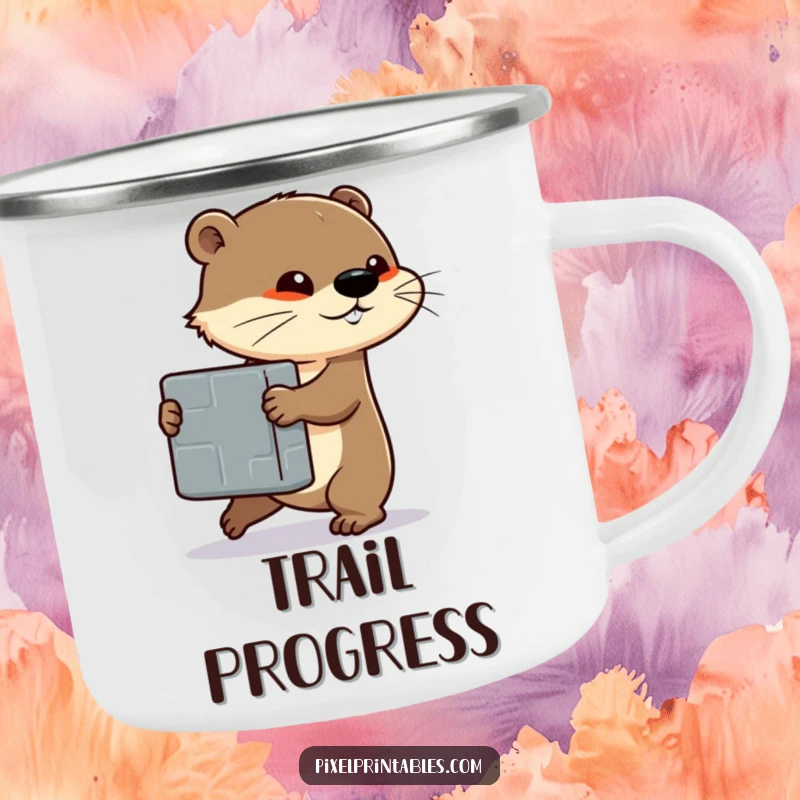 Funny camping mug showing a determined otter pushing a large pixelated block, designed for those who embrace tough tasks.