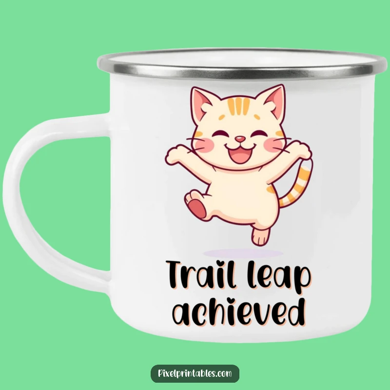 Funny Pixel Cat Camping Mug: Outdoor Playful Leap, Adventure Companion