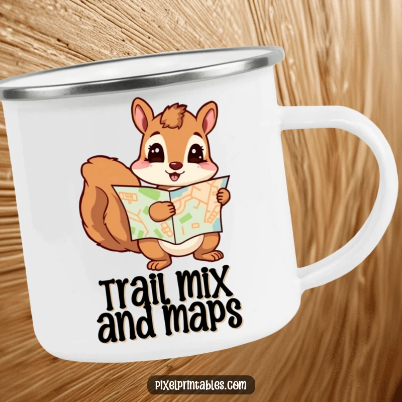 Funny squirrel explorer with a pixelated map, enamel camping mug. Perfect funny gift for outdoor enthusiasts.