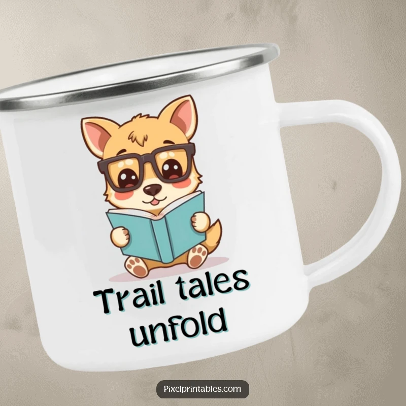 Funny camping mug with a silly dog character wearing pixelated glasses and reading a book, perfect for enjoying beverages outdoors with nerdy humor.