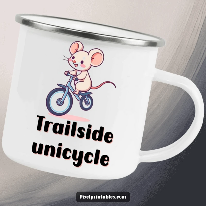 Funny camping mug featuring a giggling pixelated mouse riding a pixelated unicycle, perfect for retro-themed outdoor enjoyment.