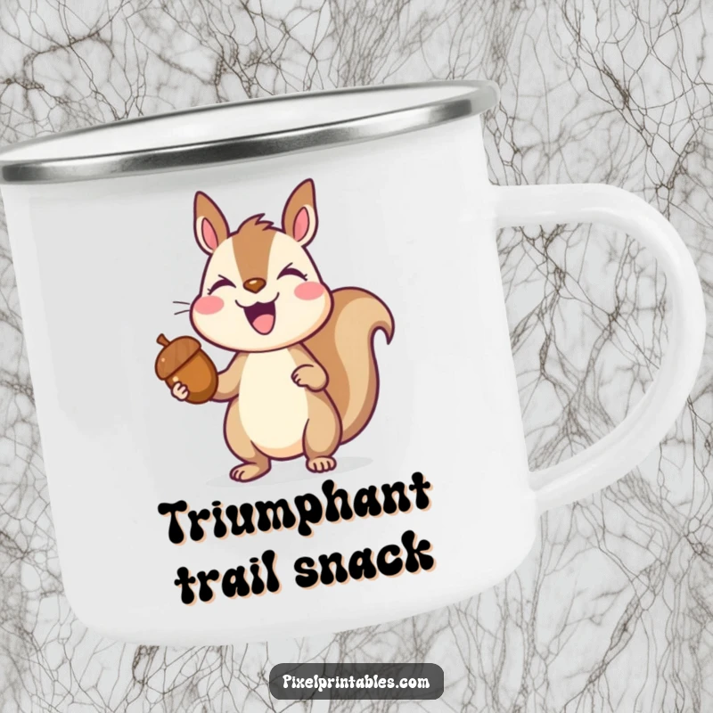 Funny pixelated squirrel triumphantly holding a pixelated acorn, joyful collector, retro pixel art camping mug, durable outdoor gear.