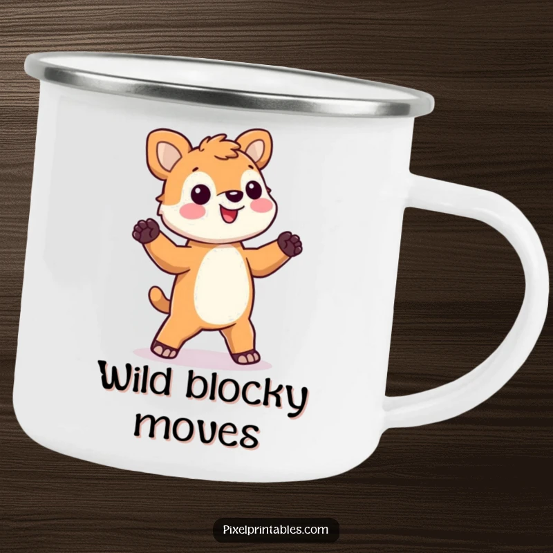 Funny pixel animal camping mug with a happy, blocky animal doing a silly dance, designed for outdoor use and quirky charm.