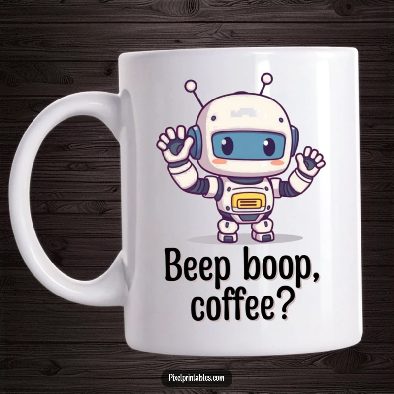 Funny Pixel Robot Mug: Cute retro robot character waving happily, pixel art design, cheerful expression.