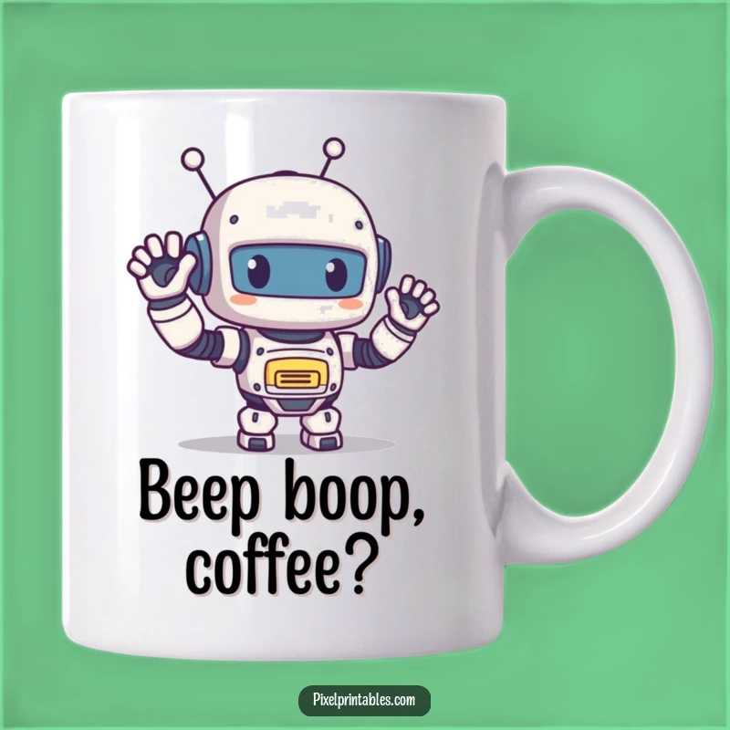 Funny Pixel Robot Mug: Happy Wave Greeting, Retro Gaming Coffee Gift