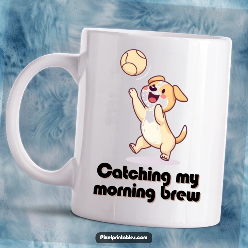 Funny mug featuring a happy, pixelated dog catching a pixelated ball mid-air, embodying retro gaming joy and canine enthusiasm.