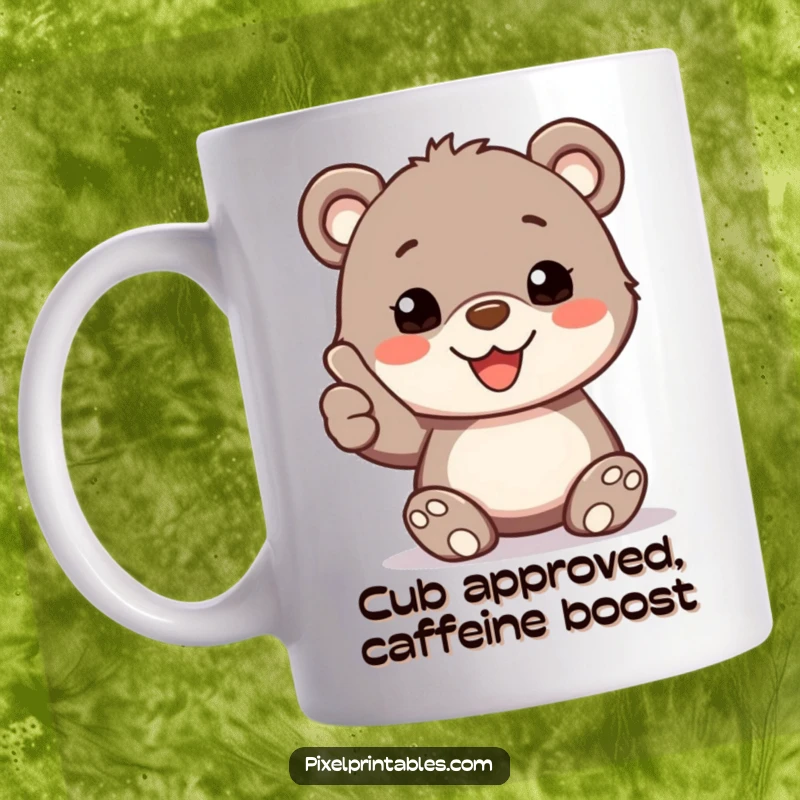 Funny Mug: A happy bear cub with distinct pixelated fur gives a big thumbs up, looking cheerful and approving.
