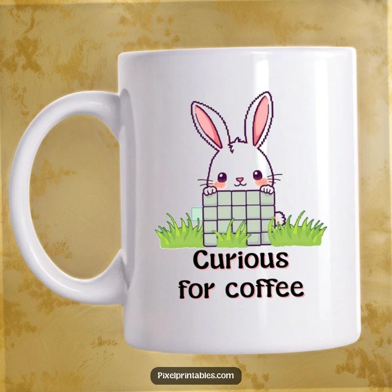 Funny pixel rabbit mug featuring a curious pixelated rabbit peering from behind a pixel, adding a touch of mystery.