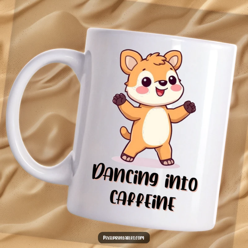 Funny pixel animal mug depicting a happy, blocky character dancing energetically with a silly, joyful expression.