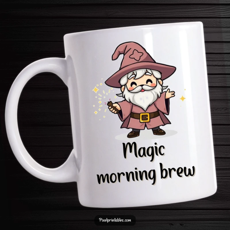 Funny blocky wizard character joyfully casting a sparkly spell on a mug.