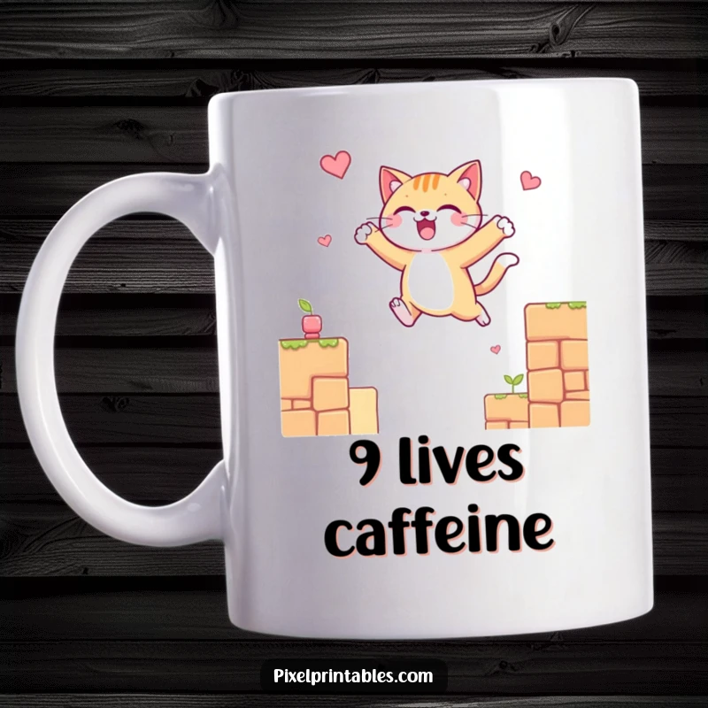 Funny mug featuring a cheerful cat character gleefully leaping between pixelated platforms, capturing the thrill of a platformer game.