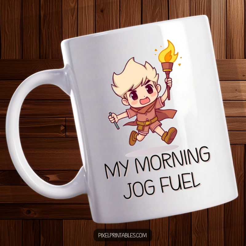 Funny Mug: Determined character races with a fiery torch, symbolizing unstoppable drive and a humorous spirit, perfect for ambitious gift recipients.