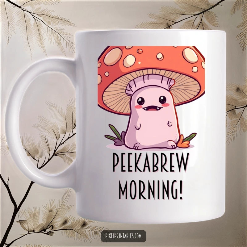 Funny Kawaii Monster Mug, an adorable monster peeking from behind a giant pixelated mushroom, cute and colorful.
