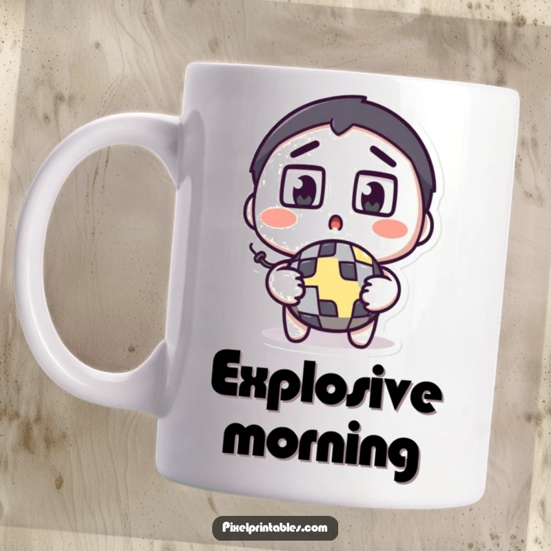 Funny pixel bomb mug showing a surprised character with wide square eyes holding a pixelated bomb, looking shocked.