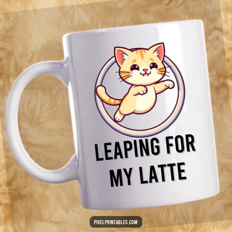 Funny mug featuring a cute, pixelated cat mid-leap through a pixelated hoop, celebrating retro gaming achievement with humor.