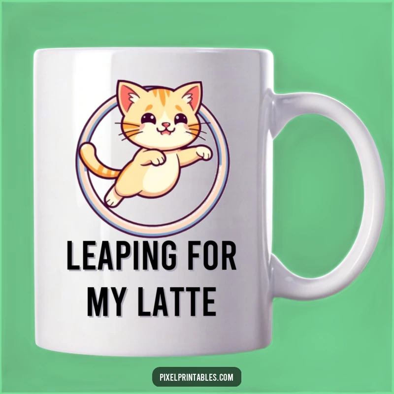 Funny Pixel Cat Mug: Leaping Through Hoop, Retro Gaming Humor Gift!