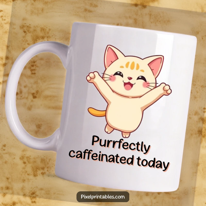 Funny Pixel Cat Mug featuring a smiling, pixelated cat mid-leap, capturing playful energy and feline grace.