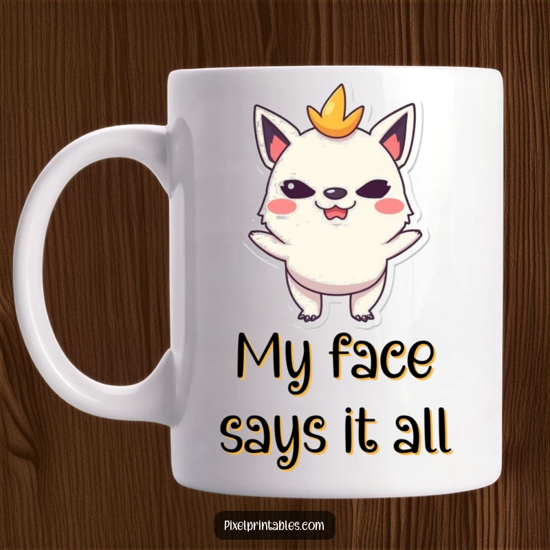 Funny mug showcasing a mischievous pixelated creature making a funny, cheeky face, perfect for lighthearted moments.