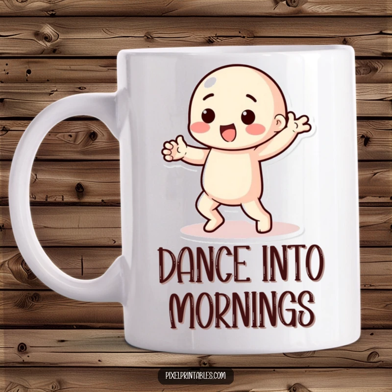 Funny pixel dancer mug showing a playful character with chunky limbs performing a pixelated dance with a happy expression.