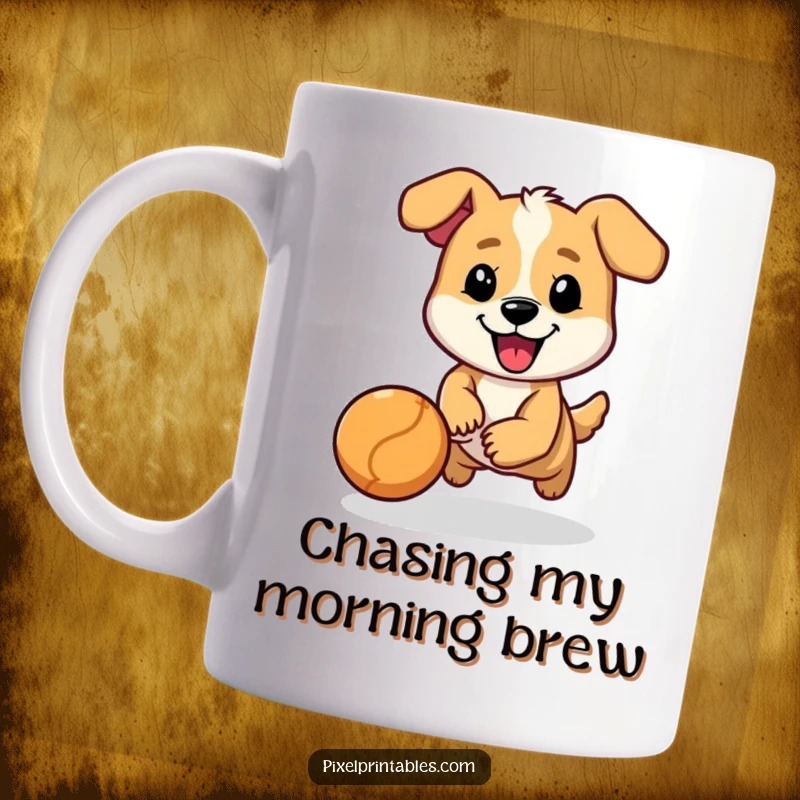 Funny mug featuring a cheerful, pixelated dog character joyfully chasing a bouncing ball, a delightful gift.
