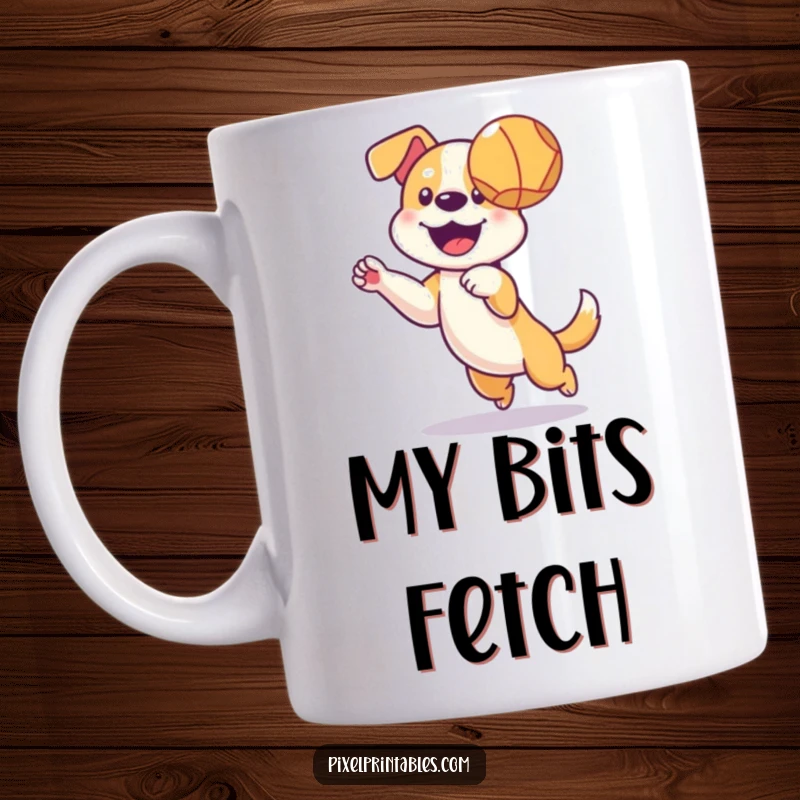 Funny mug featuring a happy pixelated dog catching a pixelated ball mid-air with playful enthusiasm.