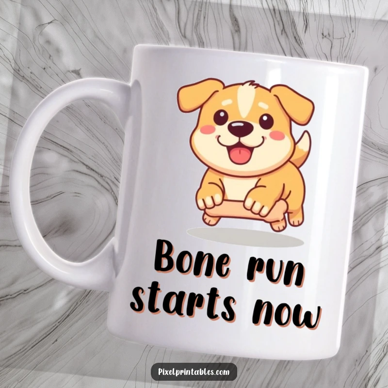 Funny Pixel Dog Mug: Determined pixelated dog actively chasing a pixel bone, retro pixel art design.